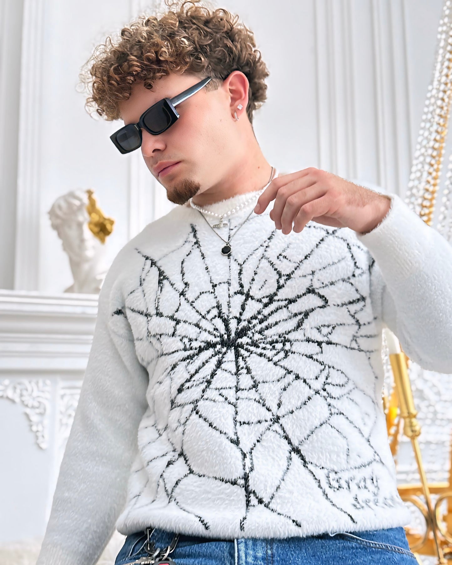 A1 UNFADED SPIDER WEB SWEATER- WHITE