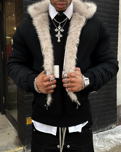 UNFADED FUR HOODED JACKET - BLACK